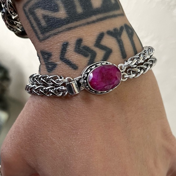 Genuine pink indian ruby gemstone stainless steel double chain boho bracelet - Picture 14 of 15